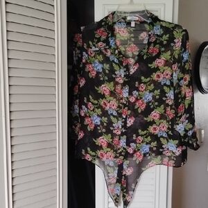 BONGO Black Sheer Floral Tie-Front Blouse